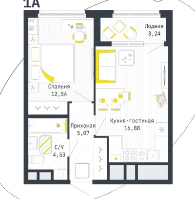 1 комнатная квартира общей площадью 40.64 м²